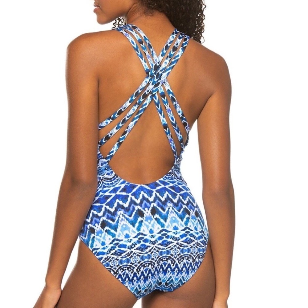 La Blanca Blue Oasis Criss Cross One Piece Tummy Control Swimsuit Women's Size 4 - Picture 2 of 7